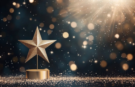 A golden star trophy stands prominently on a base, surrounded by a backdrop of soft, glowing lights and sparkles creating a celebratory ambiance.の素材
