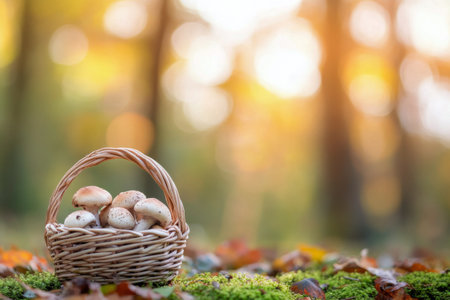 A woven basket filled with freshly picked mushrooms rests on a bed of moss. The background features a forest with golden autumn leaves and soft, diffused sunlight streaming through the trees.の素材