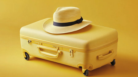 A vibrant yellow suitcase sits on a flat surface, topped with a stylish tan hat. The cheerful colors create a playful atmosphere, suggesting travel and adventure.の素材