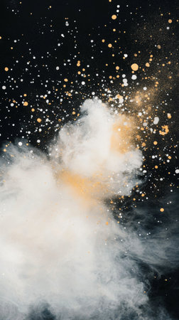 Bright white and yellow paint bursts from the center against a dark background, forming an abstract art piece that evokes energy and creativity. The splatter creates a dynamic visual impact.の素材