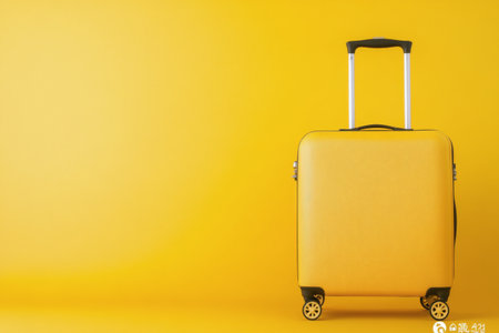 A vibrant yellow suitcase rests against a bold yellow background, topped with a stylish straw hat. Perfect for summer travel and adventure, this setup evokes a sense of wanderlust.の素材