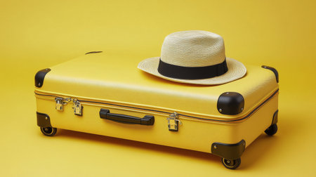 A vibrant yellow suitcase sits on a flat surface, topped with a stylish tan hat. The cheerful colors create a playful atmosphere, suggesting travel and adventure.の素材