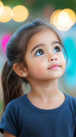 A young girl with long hair looks up intently, her big eyes reflecting curiosity as the sun sets behind her, casting a warm glow over the landscape. She stands outdoors amidst greenery.の素材