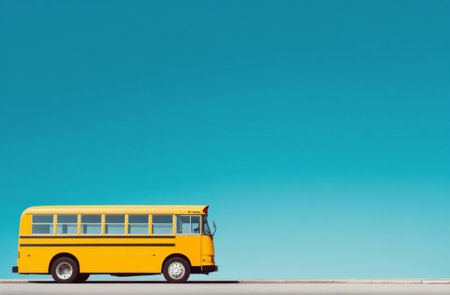 A vibrant yellow school bus stands parked on a wide road, showing its distinct design against a backdrop of a clear blue sky. The scene conveys a sense of calm and simplicity.の素材