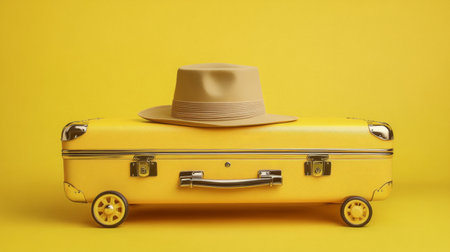 A vibrant yellow suitcase sits on a flat surface, topped with a stylish tan hat. The cheerful colors create a playful atmosphere, suggesting travel and adventure.の素材