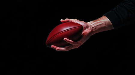 Two hands grasp a worn football, showcasing focus and determination. The dark background highlights the intensity of the moment, emphasizing the sports physicality and energy.の素材