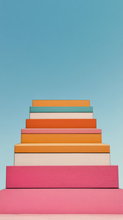 A modern interior features a staircase with sharp angles and vibrant colors. The left wall is turquoise while the right is pink, creating an energizing, playful atmosphere.の素材