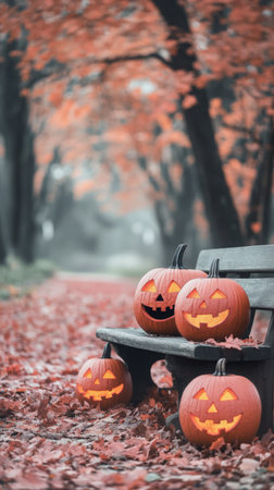 Two carved pumpkins with cheerful faces rest on a wooden bench in a park surrounded by fallen leaves. Soft lights twinkle in the background as evening approaches.の素材
