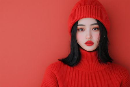 A young woman with curly hair wears a cozy red beanie and sweater, smiling warmly at the camera. The light background enhances her cheerful expression and stylish outfit.の素材