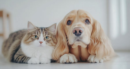 A playful kitten and a friendly puppy cuddle on a soft surface in a well lit indoor area. Their expressions show curiosity and joy as they enjoy each others company.の素材