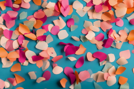 Confetti in shades of pink and blue cascades from above, creating a festive atmosphere in a lively celebration setting. The venue features soft lighting and a beautifully arranged backdrop.の素材