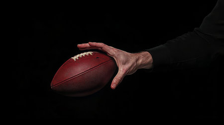 Two hands grasp a worn football, showcasing focus and determination. The dark background highlights the intensity of the moment, emphasizing the sports physicality and energy.の素材