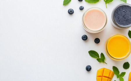 Several jars of vibrant fruit jams are artistically displayed on a white surface surrounded by fresh blueberries and mint leaves. The colorful arrangement creates a fresh and inviting atmosphere.の素材