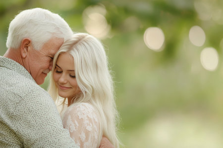 A grandfather and granddaughter share a tender moment outdoors, surrounded by nature. They embrace, sharing warmth and love in a peaceful atmosphere of soft sunlight.の素材