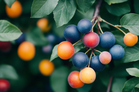 Bright clusters of variously colored fruit dangle from green branches in a vibrant garden. The sunlight enhances the rich hues of the fruit, creating a lively and inviting atmosphere.の素材