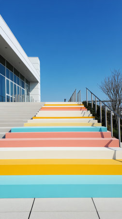 A modern interior features a staircase with sharp angles and vibrant colors. The left wall is turquoise while the right is pink, creating an energizing, playful atmosphere.の素材