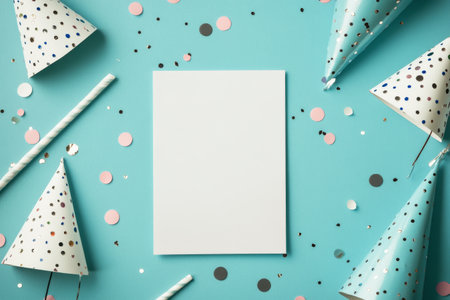 A delightful cupcake topped with creamy frosting and colorful sprinkles rests on a blue surface surrounded by festive decorations. The setting suggests a joyful celebration atmosphere.の素材