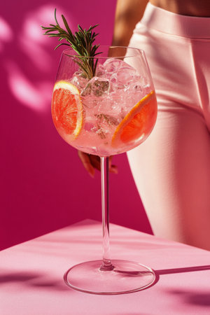 A clear glass filled with ice water features a slice of grapefruit and decorative pink blossoms. Rosemary sprigs add a touch of freshness, creating an inviting aesthetic.の素材
