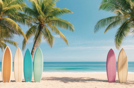 Colorful surfboards stand on a sandy beach as gentle waves lap at the shore under a bright blue sky. Palm trees sway in the warm breeze, creating a perfect day for water sports and relaxation.の素材