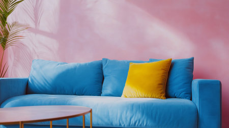 A bright and inviting living space features a plush blue sofa adorned with a yellow pillow. The walls are painted in a vibrant pink, creating a cheerful ambiance.の素材