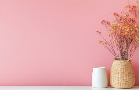 A modern interior features a white vase and a woven basket filled with dried flowers, set on a light surface, creating a charming atmosphere against a soft pink wall.の素材