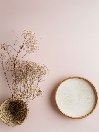 A delicate display of dried flowers in a woven basket sits beside a minimalist bowl on a soft pink background. Gentle shadows play across the surface, creating a serene atmosphere.の素材