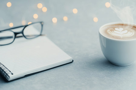 A warm and inviting workspace features a notepad, reading glasses, and a cup of hot drink. Red berries and evergreen branches add a festive touch on a gray background, perfect for winter planning.の素材
