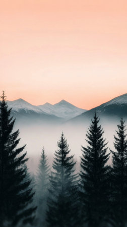 Snow covered evergreens stretch down a hill toward a valley shrouded in mist. The sun rises behind distant snow capped mountains, casting a soft light on the serene winter scene.の素材