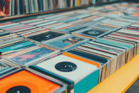 Rows of music CDs in a variety of colors arranged neatly on a table in a lively record store. Visitors browse through the collection, enjoying the nostalgic atmosphere.の素材