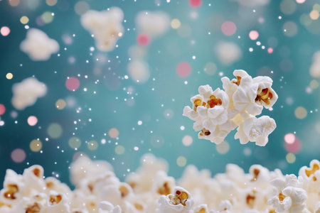 Popcorn kernels are seen flying through the air against a vibrant backdrop filled with soft bokeh lights. The playful scene captures the excitement of a festive event.の素材