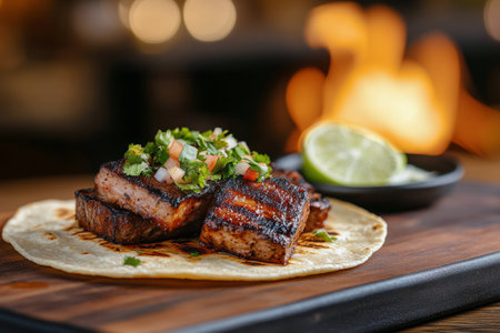 Grilled steak chunks are served on a warm tortilla, garnished with fresh cilantro and lime wedges. The vibrant flames add a cozy feel to this outdoor barbecue, highlighting delicious flavors.の素材