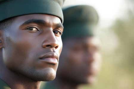 A young soldier gazes with determination while lined up with fellow troops in a military training camp. The setting highlights teamwork and discipline among the soldiers.の素材