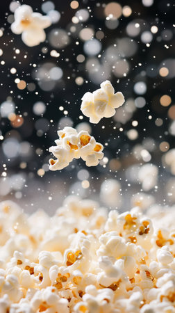 Popcorn kernels are floating in the air, caught in motion against a blurred, glittering background that creates a warm atmosphere. The scene evokes a sense of celebration and fun.の素材