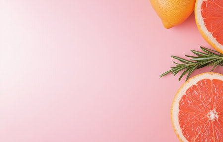 This vibrant drink features a pink grapefruit beverage served in a clear glass, garnished with a rosemary sprig and a slice of grapefruit. A fresh choice for warm days.の素材