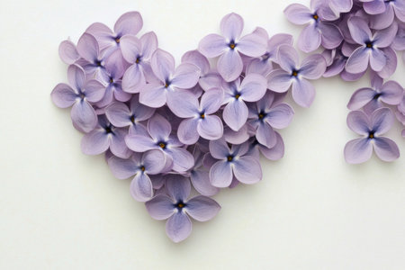A heart shape made from lilac petals is placed on a white surface. The delicate flowers display soft lavender hues with dark centers, creating a romantic and serene atmosphere.の素材