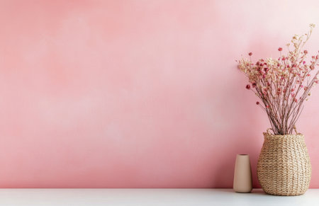 A modern interior features a white vase and a woven basket filled with dried flowers, set on a light surface, creating a charming atmosphere against a soft pink wall.の素材