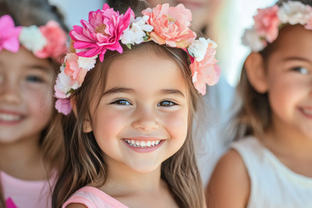 Three young girls with flower crowns smile happily while enjoying a sunny day at an outdoor celebration. Their cheerful expressions reflect the joy of childhood and friendship.の素材