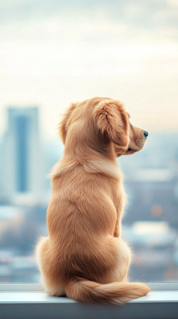 A golden retriever puppy sits by the window, looking curiously outside at the bustling city below. The sunlight illuminates its soft fur, creating a warm and cozy atmosphere.の素材