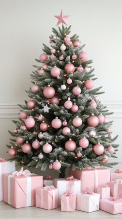 A beautifully decorated Christmas tree featuring pink and white ornaments stands proudly in a cozy room.の素材