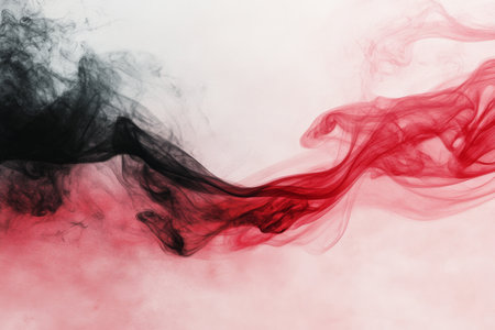 Vibrant swirls of red and black smoke intertwine against a soft white background, forming an artistic and dynamic abstract design. The colors blend and flow elegantly.の素材