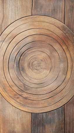 A close up view reveals a beautifully crafted circular wooden piece featuring concentric rings and a rustic finish. The wood showcases natural grain patterns adding to its charm.の素材