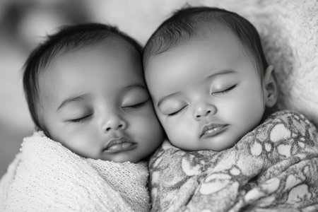 Two infants, a boy and a girl, lie side by side, peacefully asleep, wrapped in soft pink and blue blankets on a gentle, pastel colored bedding. Their serene faces convey pure calmness.の素材