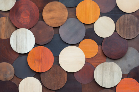 Various wooden circles in different shades are arranged closely on a flat surface, showing a vibrant and modern design. The composition emphasizes texture and color variety.の素材