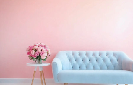 A beautifully arranged living room features a vibrant blue sofa surrounded by soft pink armchairs and lush floral displays. The decor creates a cozy and inviting atmosphere, perfect for relaxation.の素材