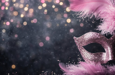 A pink masquerade mask adorned with feathers sits elegantly on a sparkling surface.の素材