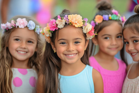 Three young girls with flower crowns smile happily while enjoying a sunny day at an outdoor celebration. Their cheerful expressions reflect the joy of childhood and friendship.の素材