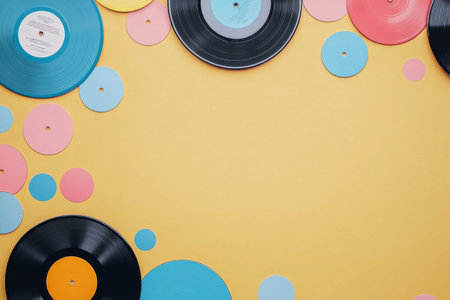 Rows of music CDs in a variety of colors arranged neatly on a table in a lively record store. Visitors browse through the collection, enjoying the nostalgic atmosphere.の素材