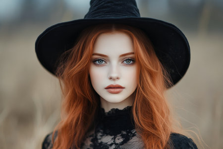 A young woman with striking red hair and captivating eyes wears a black hat and a lace top while standing in a field. The soft natural light enhances her features and the serene surroundings.の素材