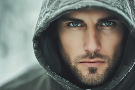 A man with striking blue eyes stars intensely while wearing a gray hoodie. The lighting casts dramatic shadows, highlighting his facial features in a bold contrast.の素材