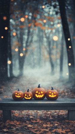 Two carved pumpkins with cheerful faces rest on a wooden bench in a park surrounded by fallen leaves. Soft lights twinkle in the background as evening approaches.の素材